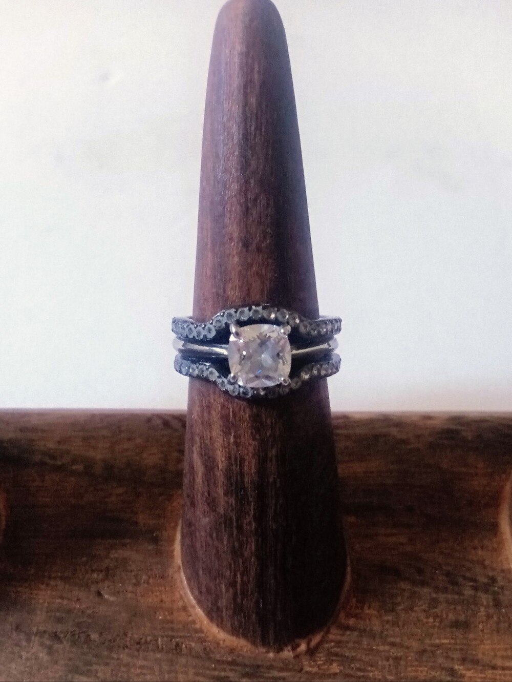 Sterling Silver 925 & Black Stainless Steel Band Cushion-Cut Center Stone Size 6